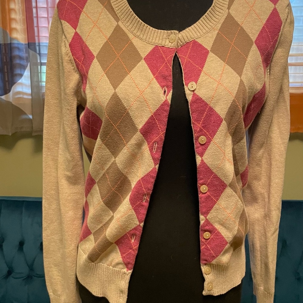 Argyle Patterned Women's Sweater - Pink and Brown